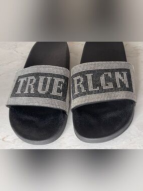 True Religion Black Slide Logo Sandals with Silver Rhinestone Design, Size 9